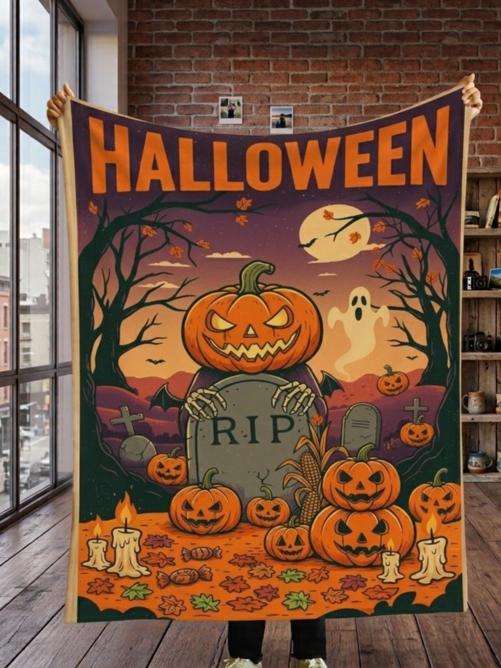 Halloween Pumpkin Graveyard Sherpa Blanket - Orange